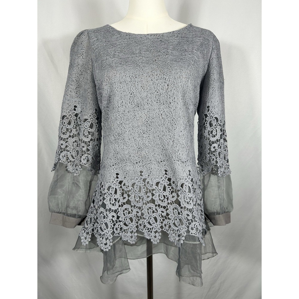 Women's Floral Lace Layererd Chiffon Tunic Top Soft Romantic Lagenlook Shabby